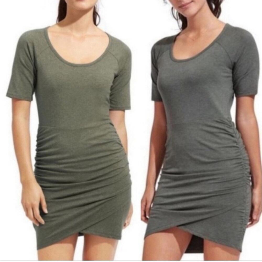 Athleta Dress sz XXS Olive Green Seeker Tee Short Sleeve Ruched Tulip Casual